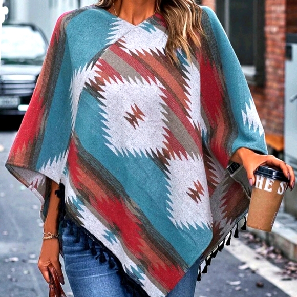 Jackets & Blazers - Aztec Print Trim Cape Overcoat